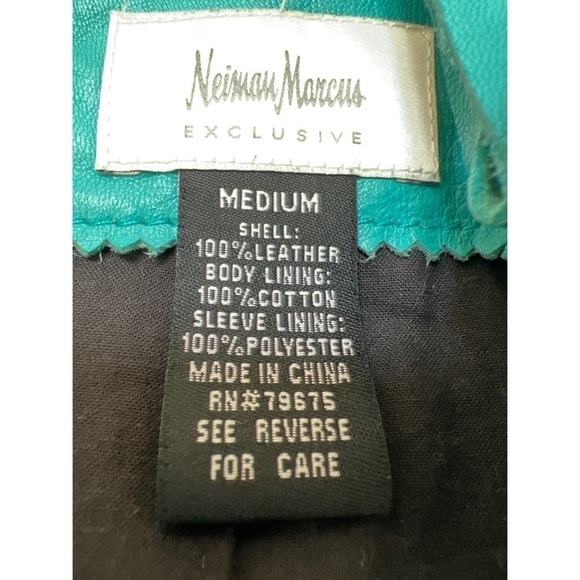 NEIMAN MARCUS COLLECTION TEAL BLUE LEATHER MOTO JACKET - SIZE M - Picture 7 of 9